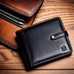 Tan leather trifold wallet open to show three sections